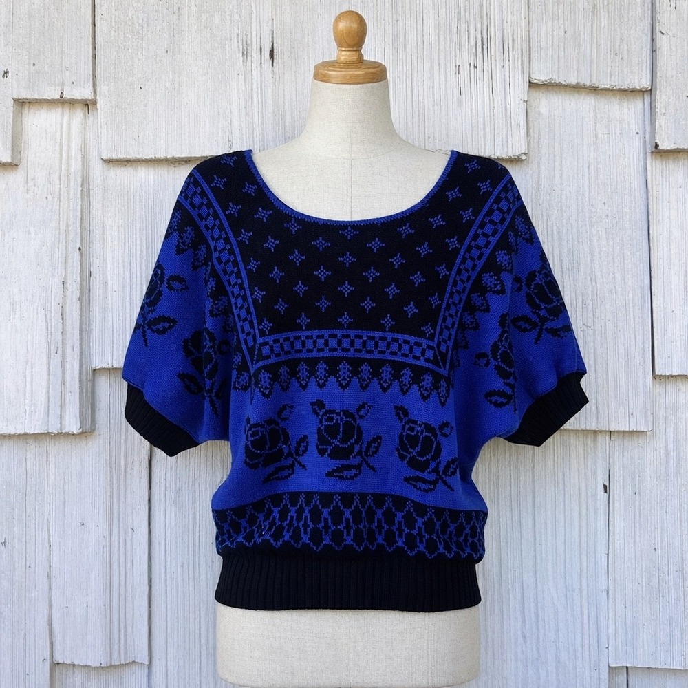 Womens Vintage Blue Black Rose Knit Sweater Dolman Sleeve M - Picture 1 of 6